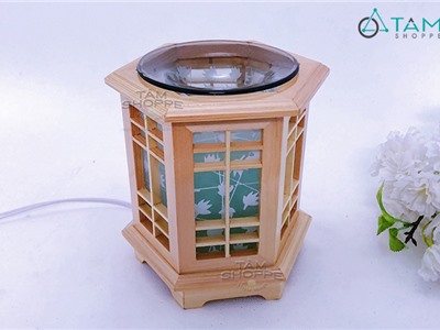 Đèn xông tinh dầu gỗ lục giác kính màu tự nhiên [Tặng bóng đèn] DXTDD-M0078